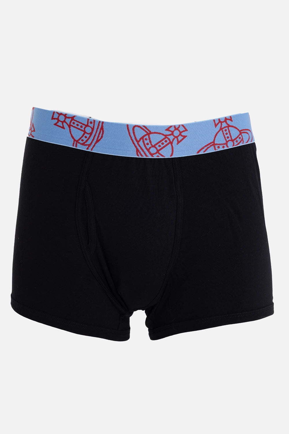Vivienne Westwood men's boxer briefs in black, front view with contoured pouch and blue Orb waistband
