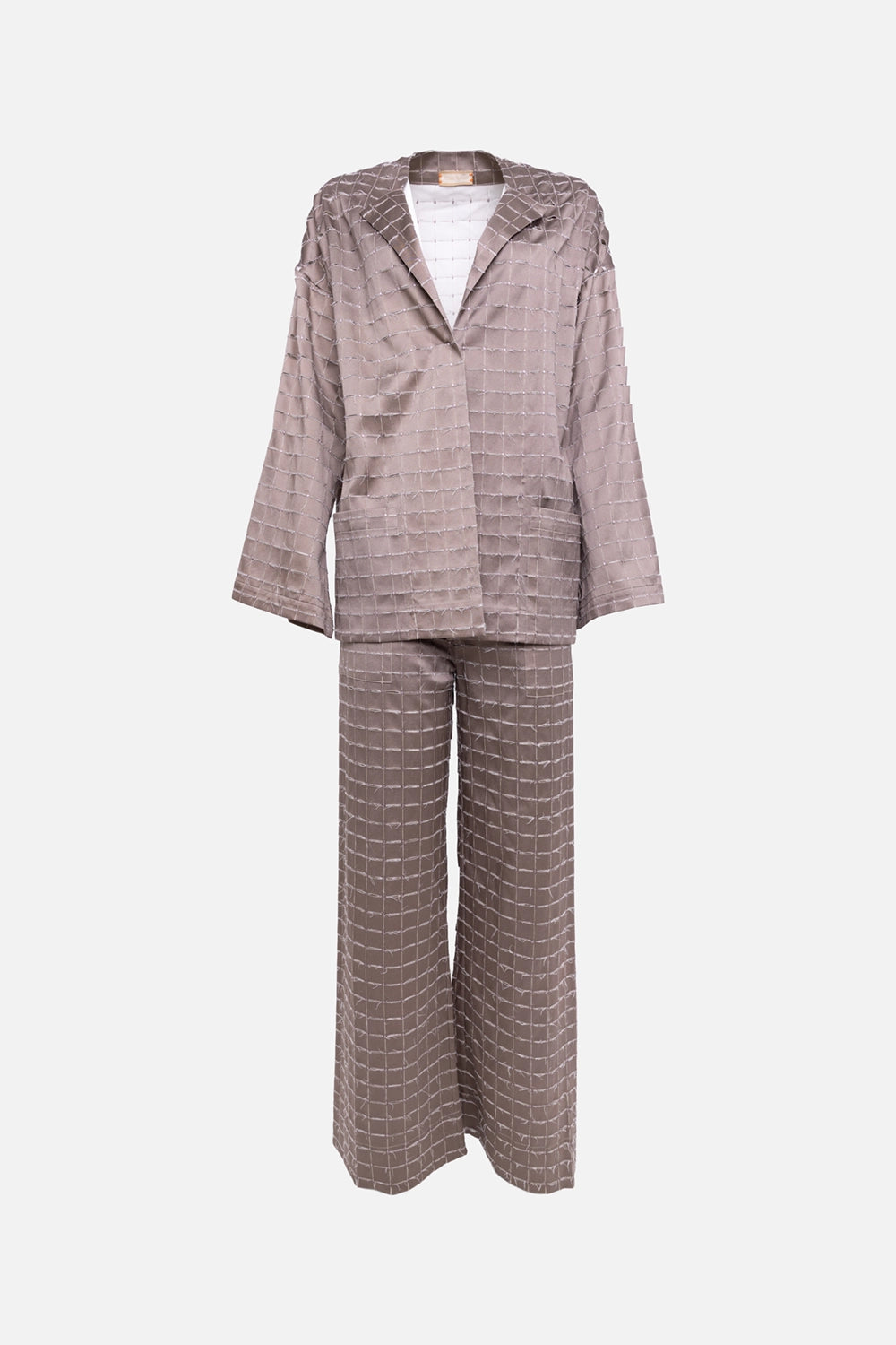 Pre-owned Franck Namani women's two-piece set in taupe, front view, notched lapels and grid texture