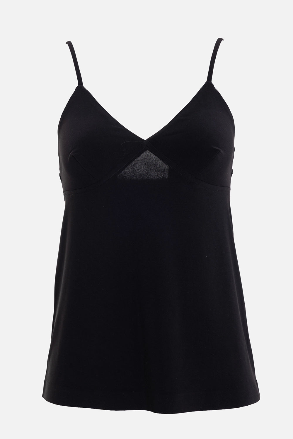 Norma Kamali women's slip top in black, front view, thin straps and V-neck