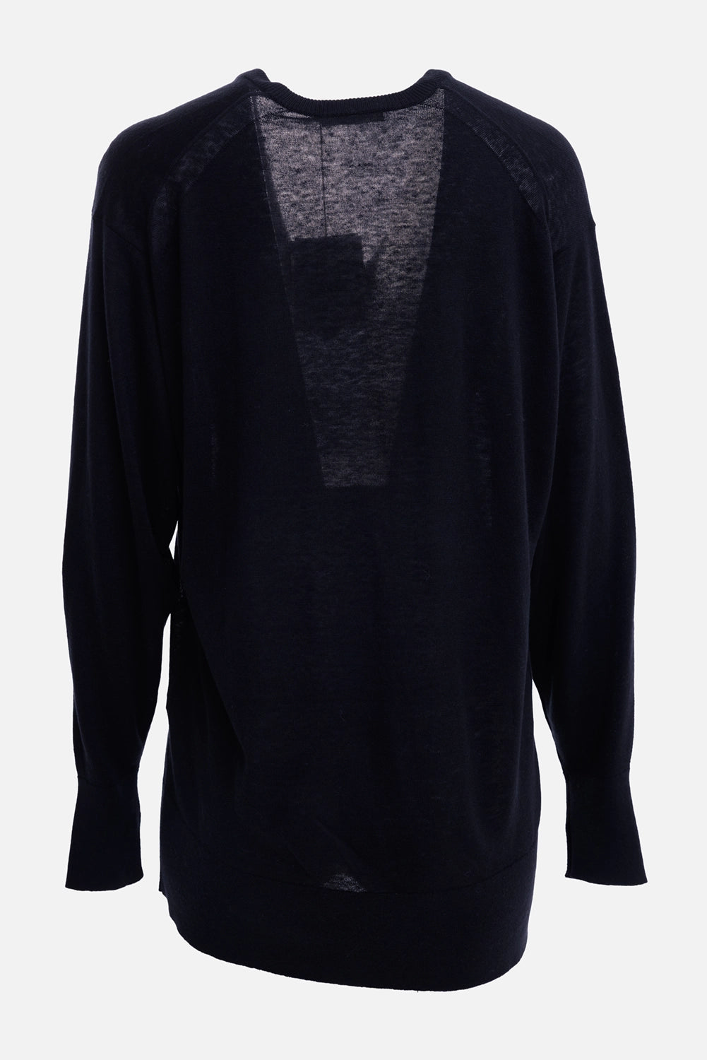 By Malene Birger women's V-neck sweater in Black, back view with dropped shoulders and ribbed hem