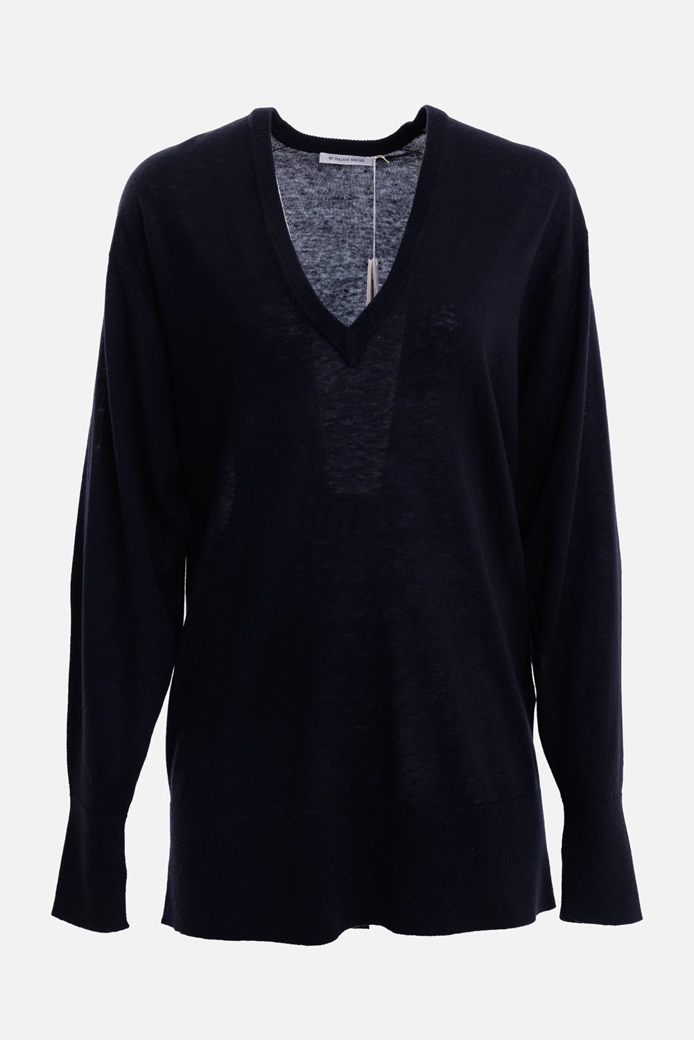 By Malene Birger women's V-neck sweater in Black, front view with semi-sheer knit and ribbed trims