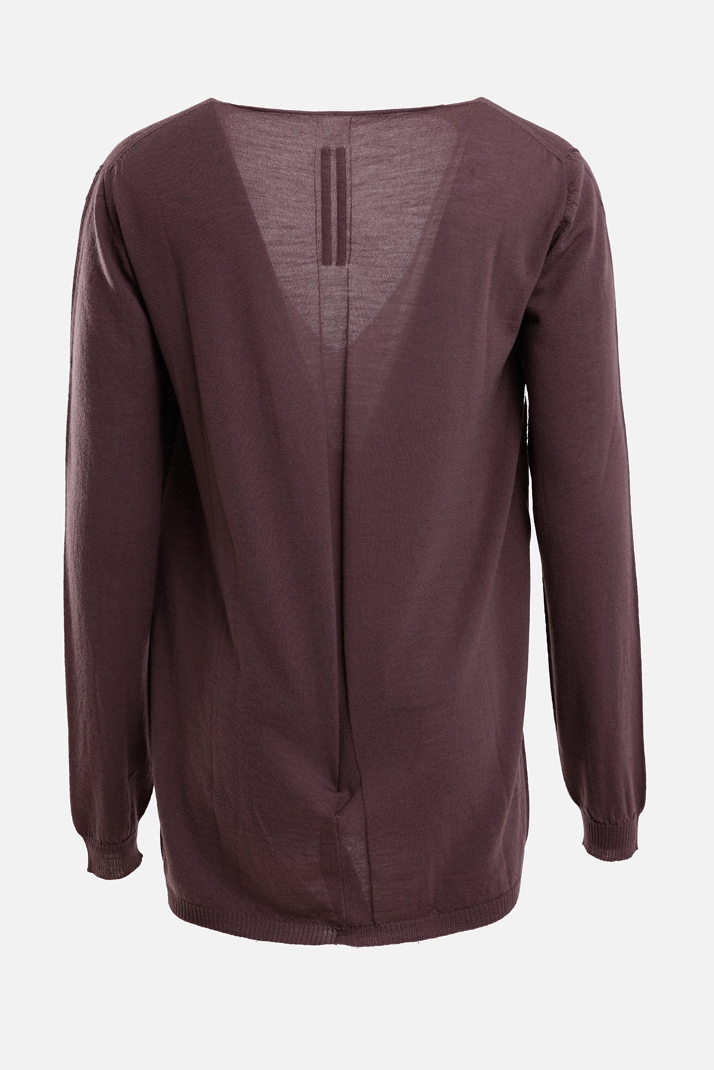 Rick Owens men's V-neck sweater in eggplant, back view with a central knit channel and ribbed hem