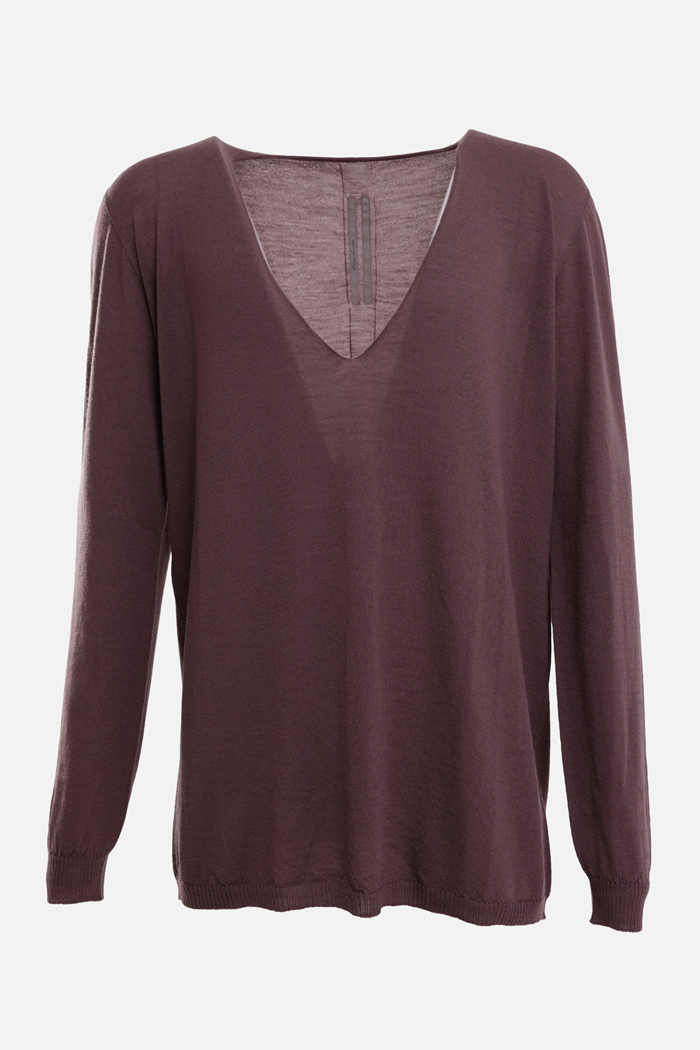 Rick Owens men's V-neck sweater in eggplant, front view with a plunging neckline and ribbed cuffs