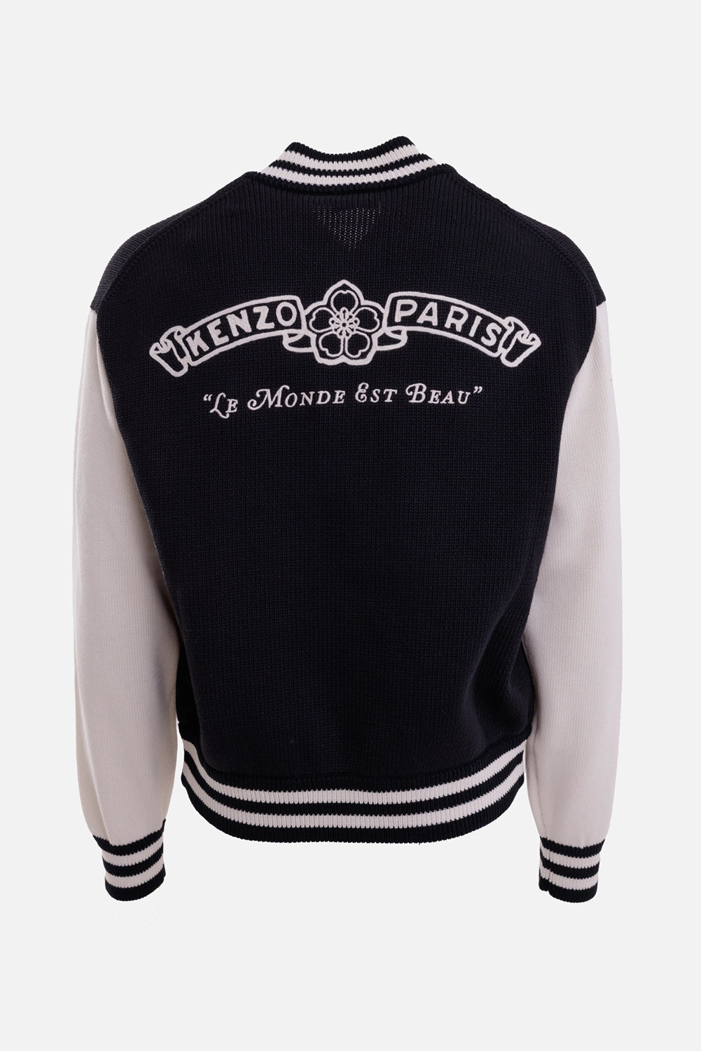 KENZO men's varsity cardigan in black, back view with floral emblem and Le Monde Est Beau embroidery