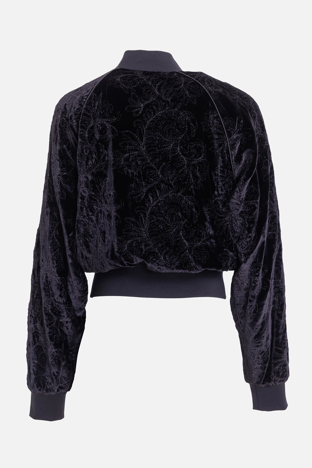 Ann Demeulemeester women's black velvet bomber jacket, back view with raglan piping and wide ribbed hem