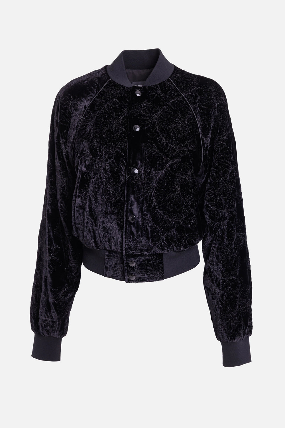 Ann Demeulemeester women's black velvet bomber jacket, front view with paisley embroidery and ribbed trims