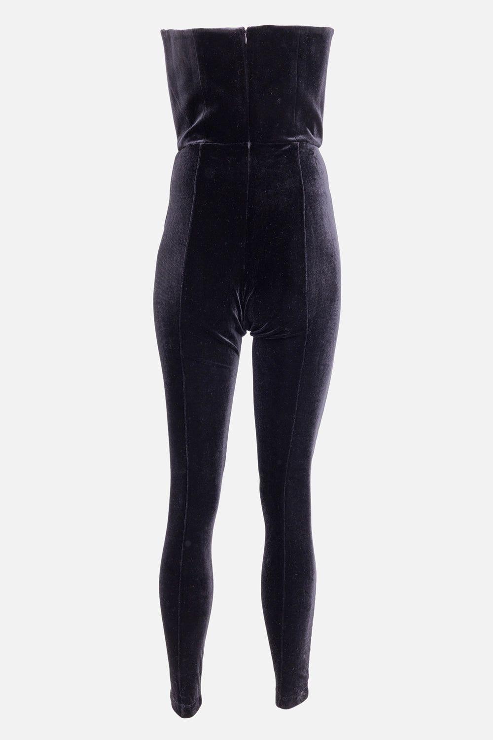 Alex Perry women's catsuit in black, back view, concealed zip and vertical seam lines