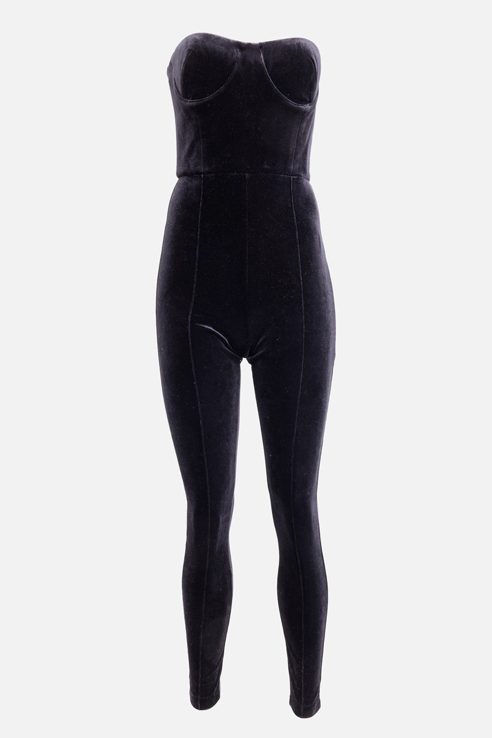 Alex Perry women's catsuit in black, front view, strapless corset cups and vertical seams