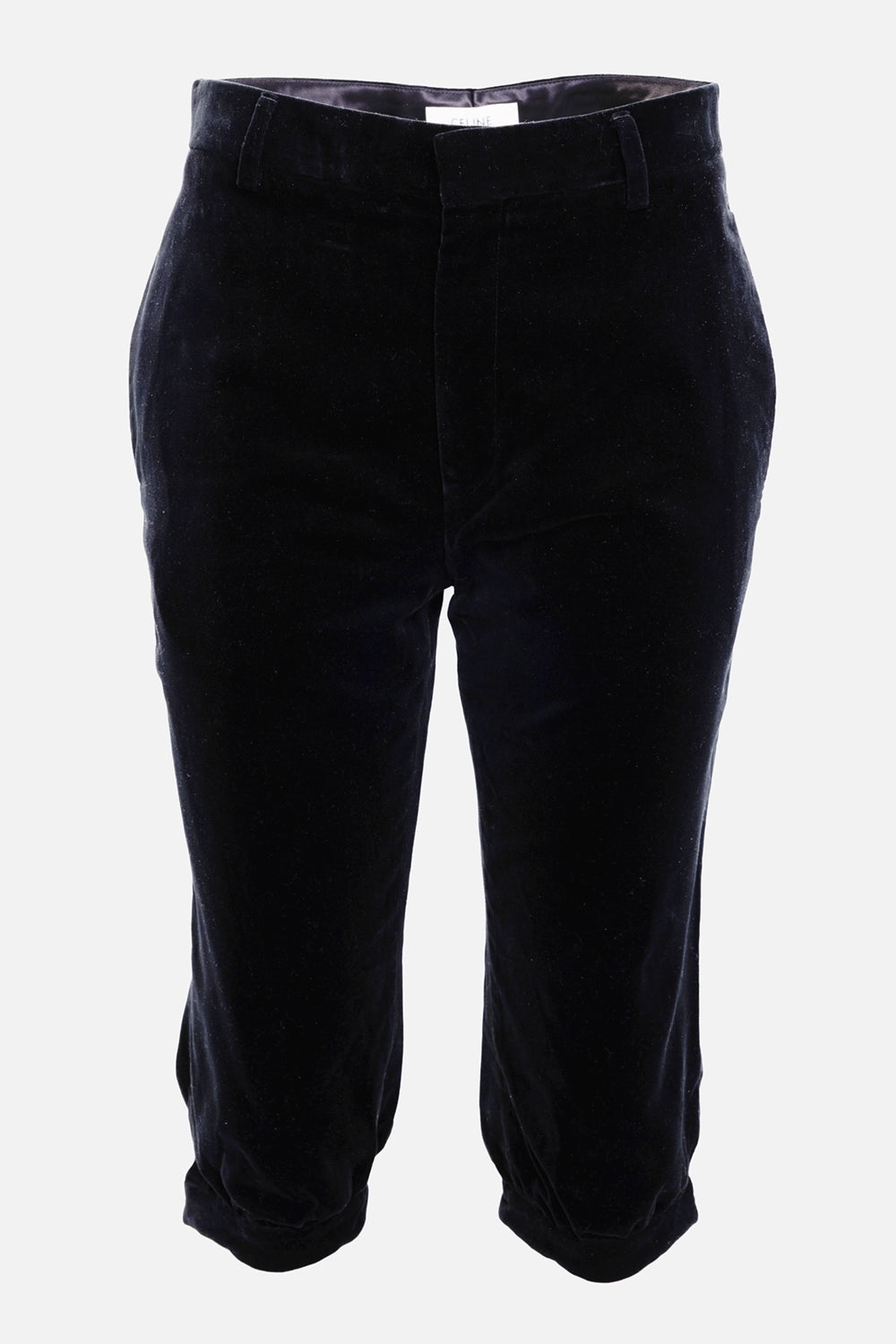 Celine women's velvet cropped trousers in black, front view with belt loops and concealed fly