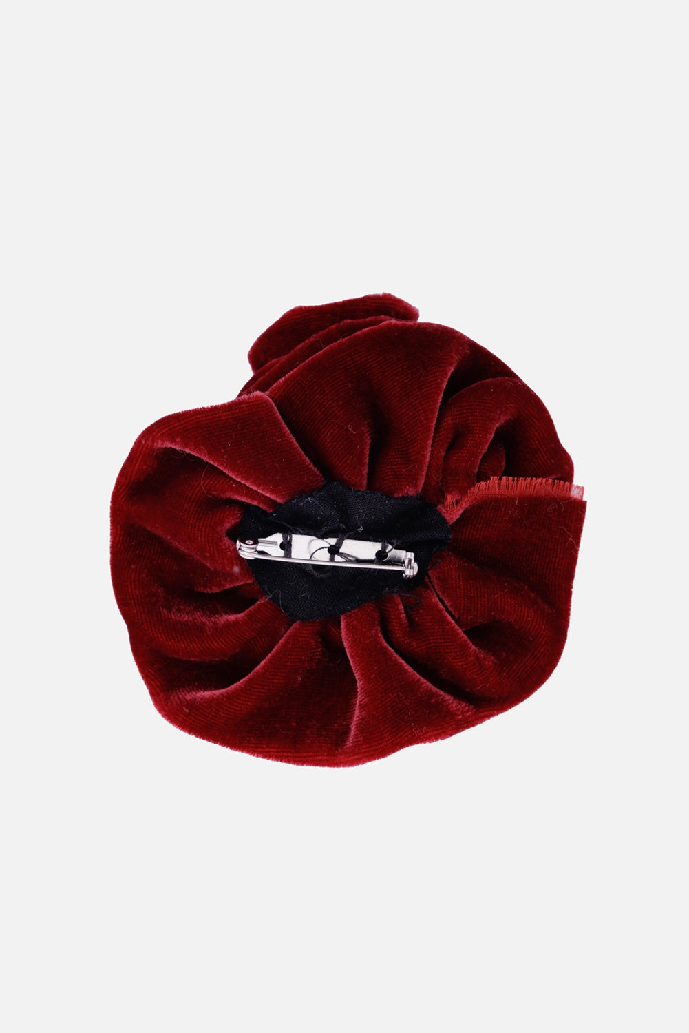 Marc Point velvet flower brooch in burgundy red, back view with polished metal pin fastening