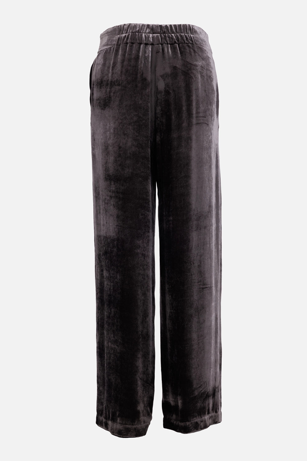 Uma Wang women's velvet trousers in dark dust, back view with gathered waistband and fluid velvet finish