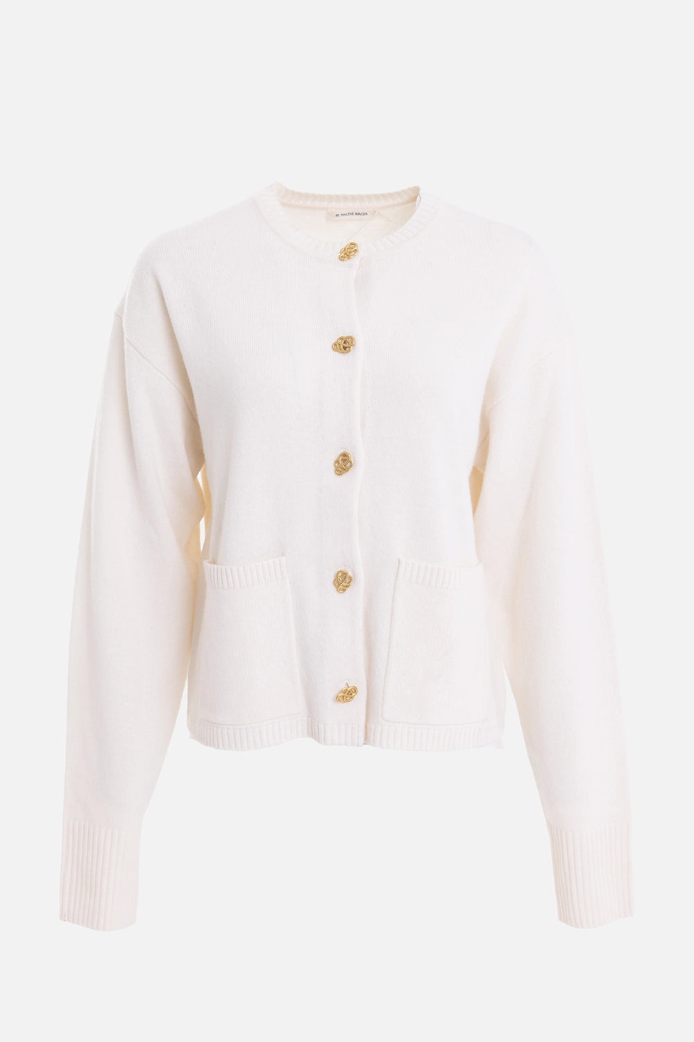 By Malene Birger women's wool cardigan in soft white, front view with Scribble buttons and ribbed pockets