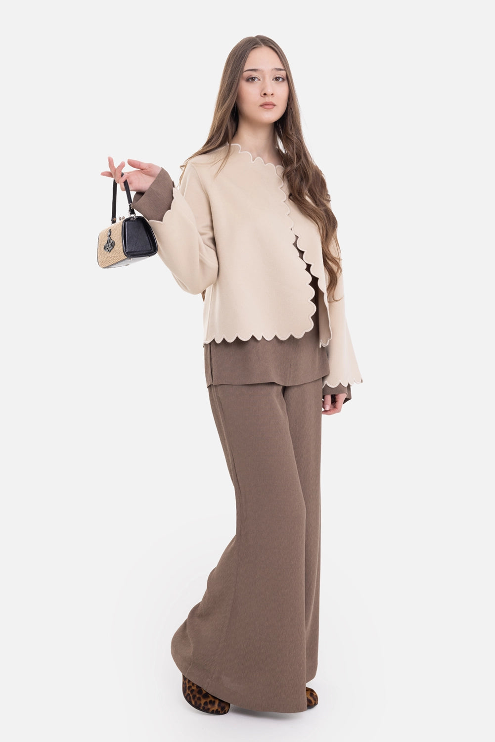 By Malene Birger women's wool jacket in vanilla cream, on-model full length with open front and scalloped cuffs