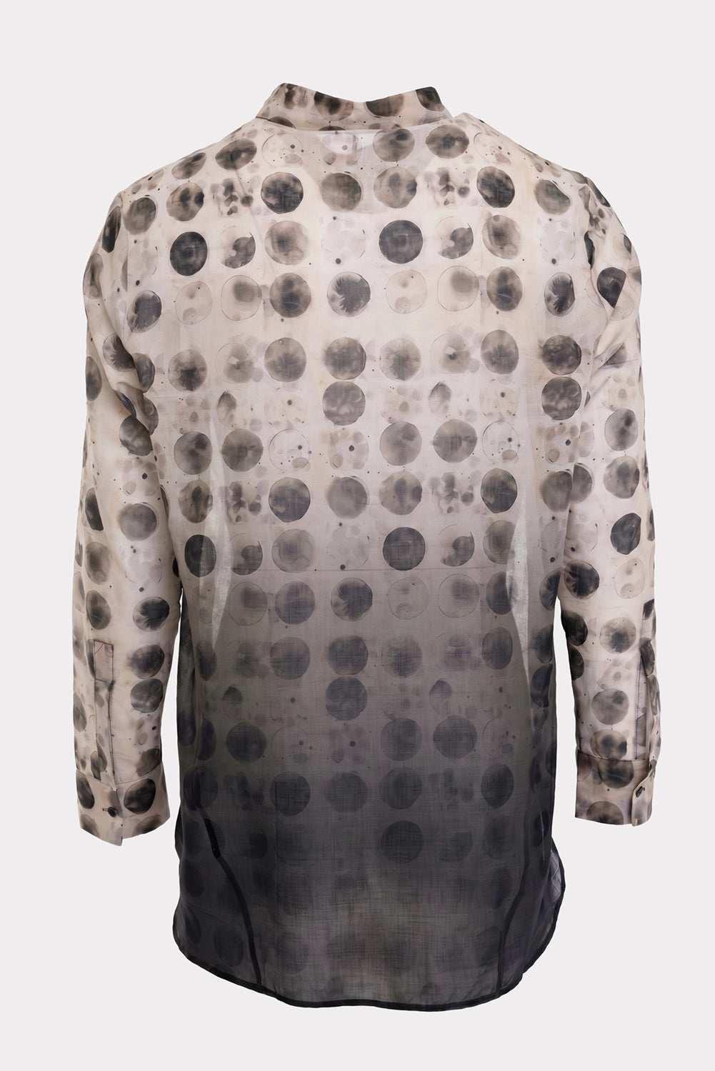 Masnada men's Vintage Circles shirt in Ecru/Black, back view with sheer cotton and gradient black hem