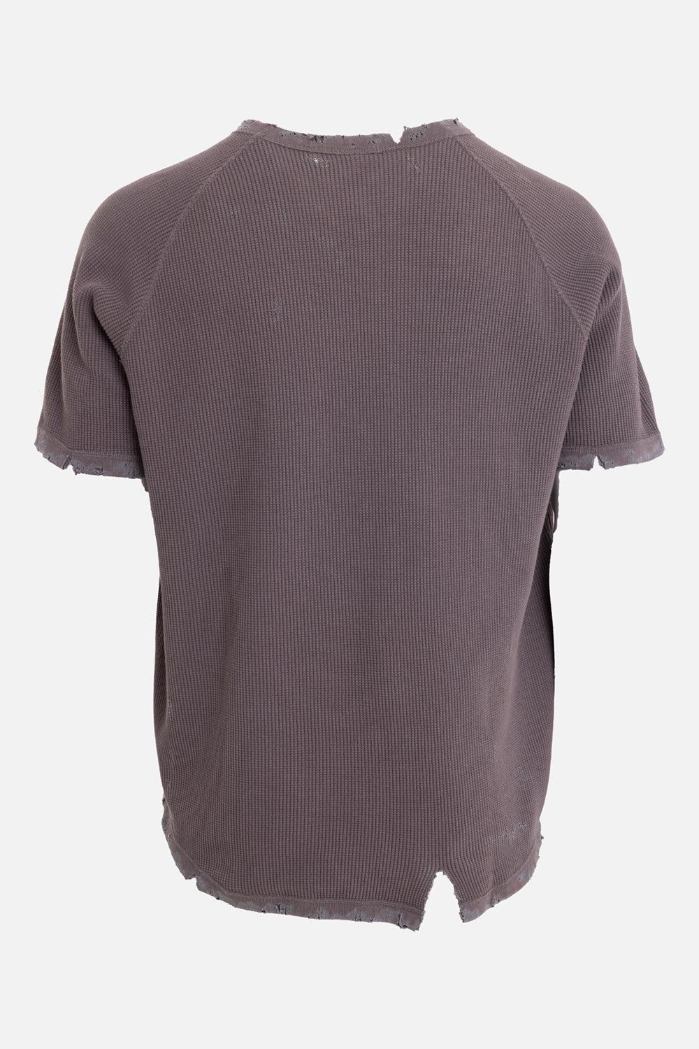 VEIN men's waffle raglan T-shirt in khaki gray, back view, raglan sleeves and distressed hem