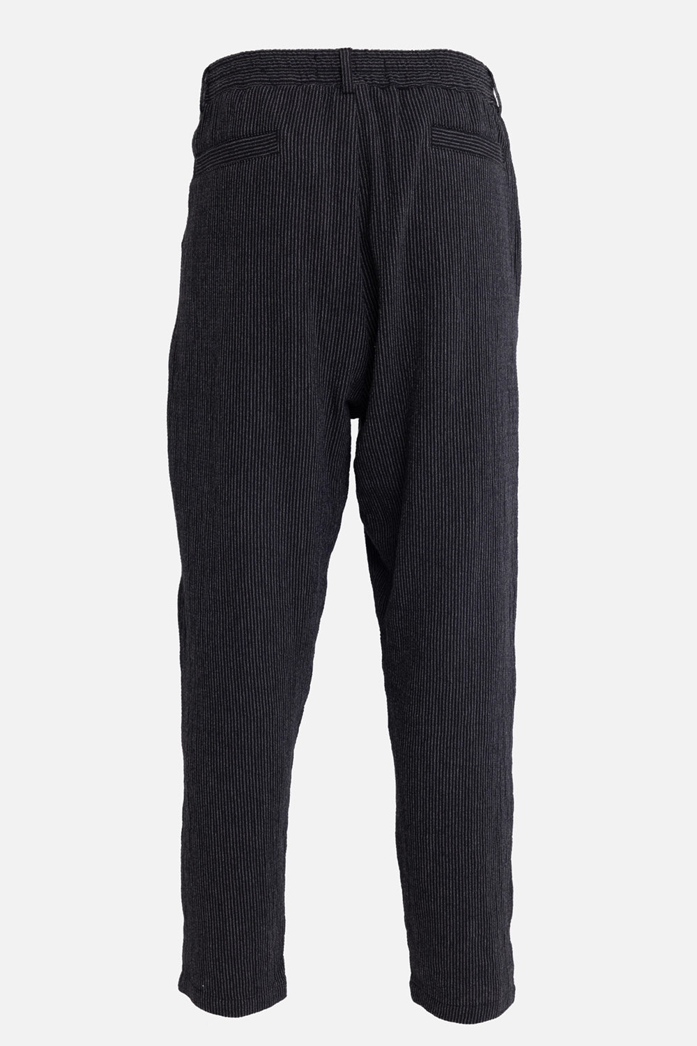 La Haine Inside Us unisex waffle trousers in black grey stripe, back view with welt pockets and belt loops