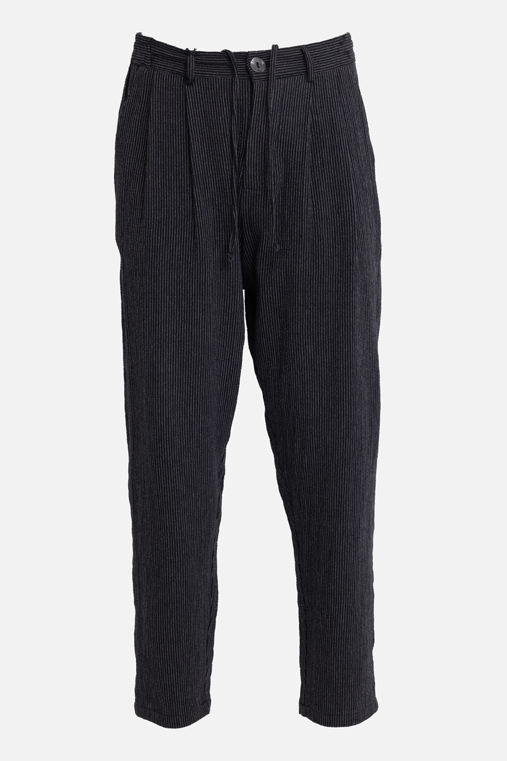 La Haine Inside Us unisex waffle trousers in black grey stripe, front view with drawstring waist and button