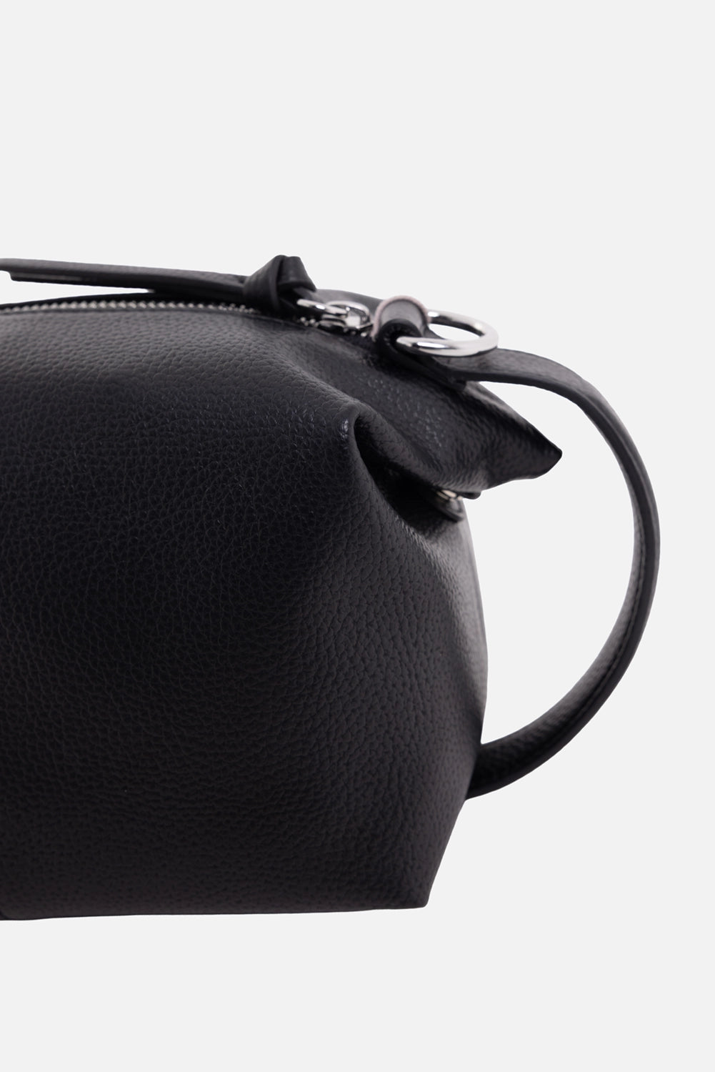 Vivienne Westwood wash bag in black, hardware close-up, pebbled grain and silver D-ring handle