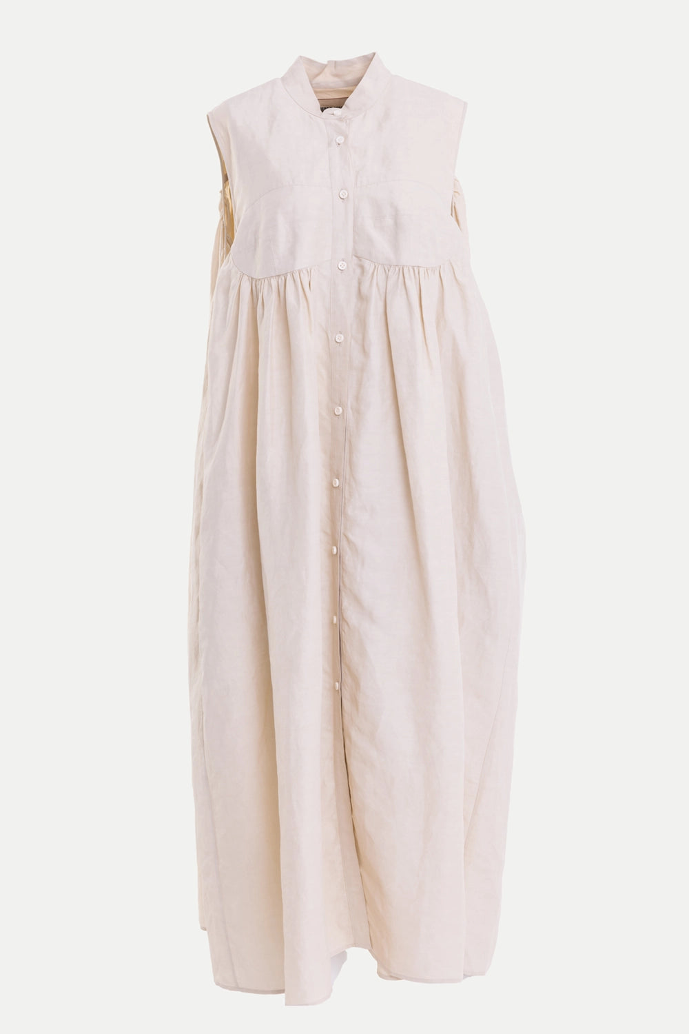 Uma Wang women's Wavy dress in off white, front view, mandarin collar and full button placket