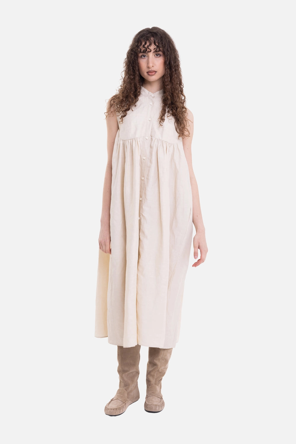 Uma Wang women's Wavy dress in off white, on-model full-length view, sleeveless cut and soft gathers