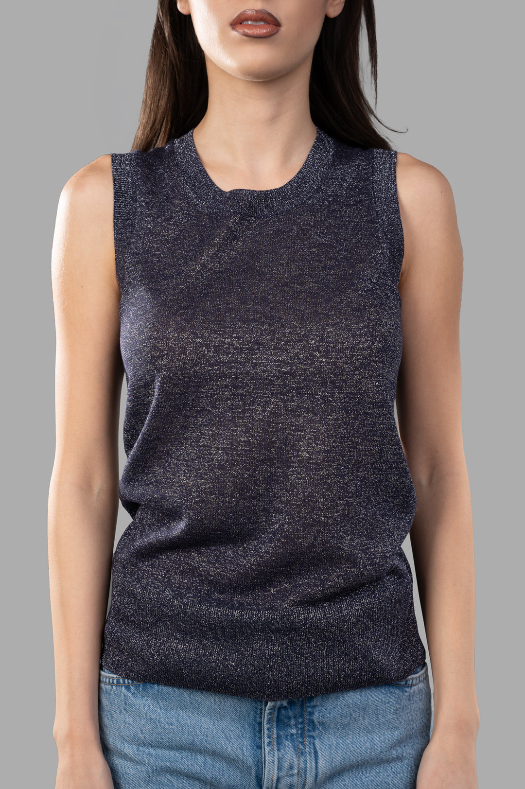 Joseph Lurex Knit Tank Top in Aurora purple, showcasing ribbed details, lightweight, slightly sheer fabric on model.