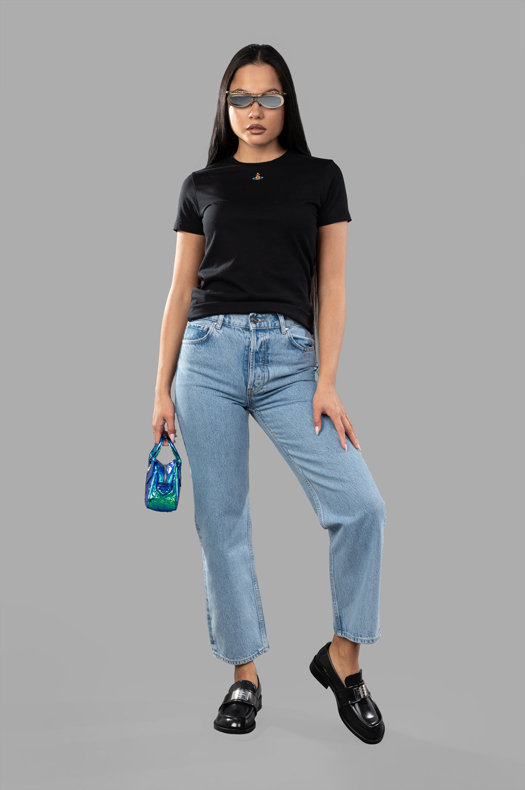 Vivienne Westwood Orb Logo T-shirt in black, on-model view, featuring crewneck style and embroidered central logo.