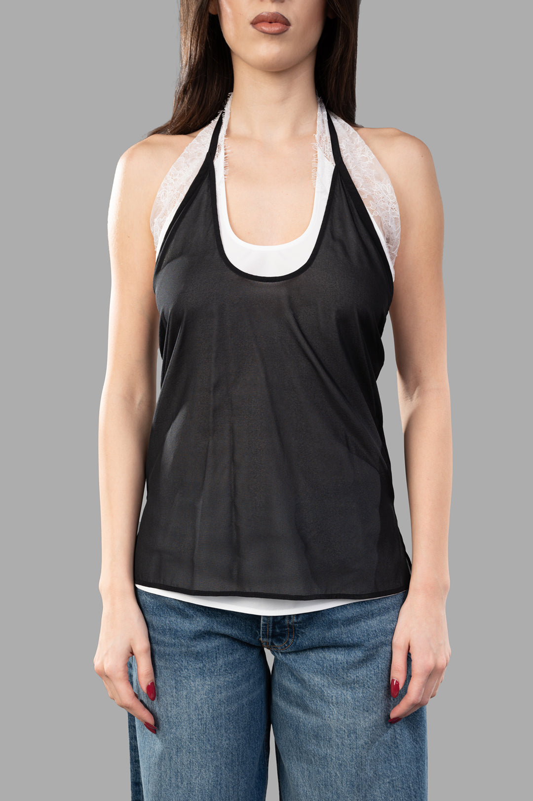 Helmut Lang Lace Dancer Top in black, showcasing a double-layered design and lace straps on a model from the front.