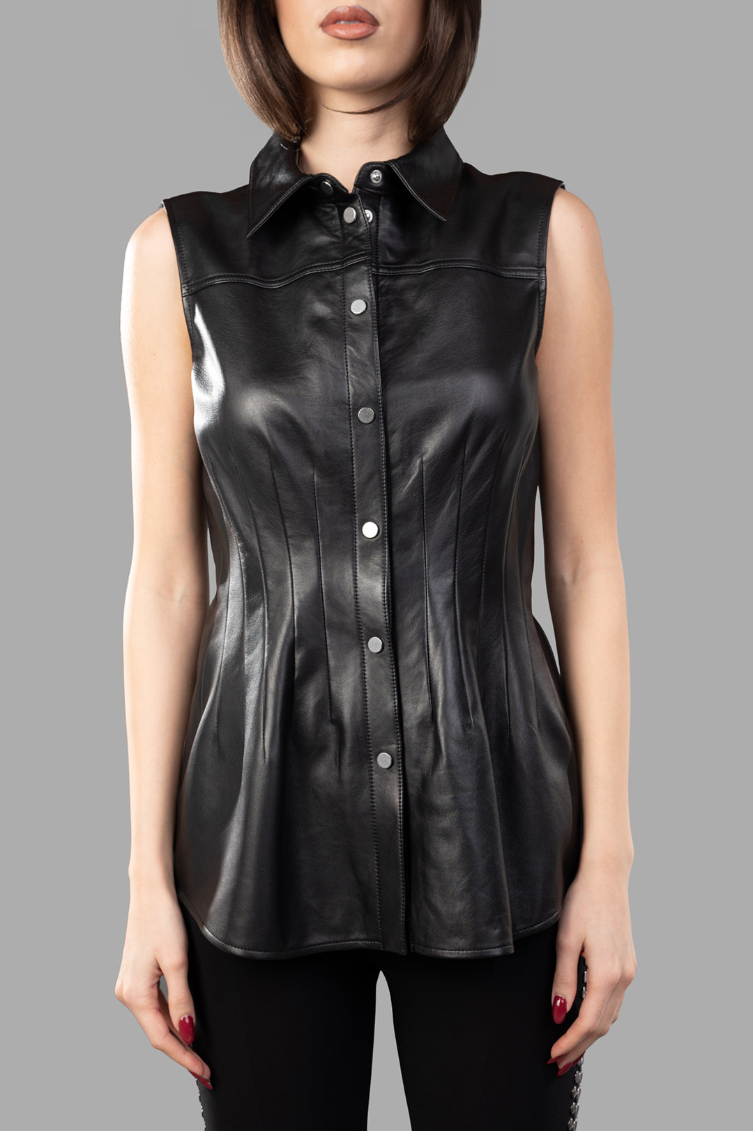 Helmut Lang Darted Shirt in black, showcasing a sleeveless design with a classic collar and front press-stud fastening.
