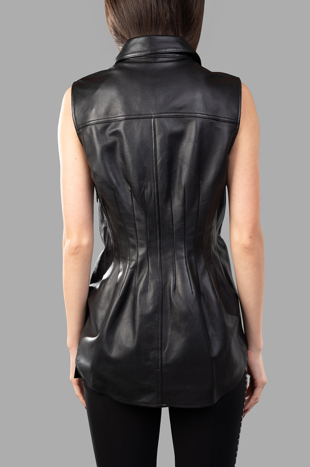 Helmut Lang Darted Shirt in black, showcasing a sleeveless design and elegant back dart detailing for a sleek silhouette.