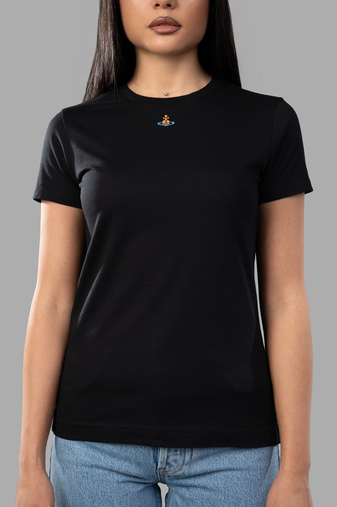 Vivienne Westwood Orb Logo T-shirt in black, featuring a crewneck and short sleeves, with embroidered logo on chest.