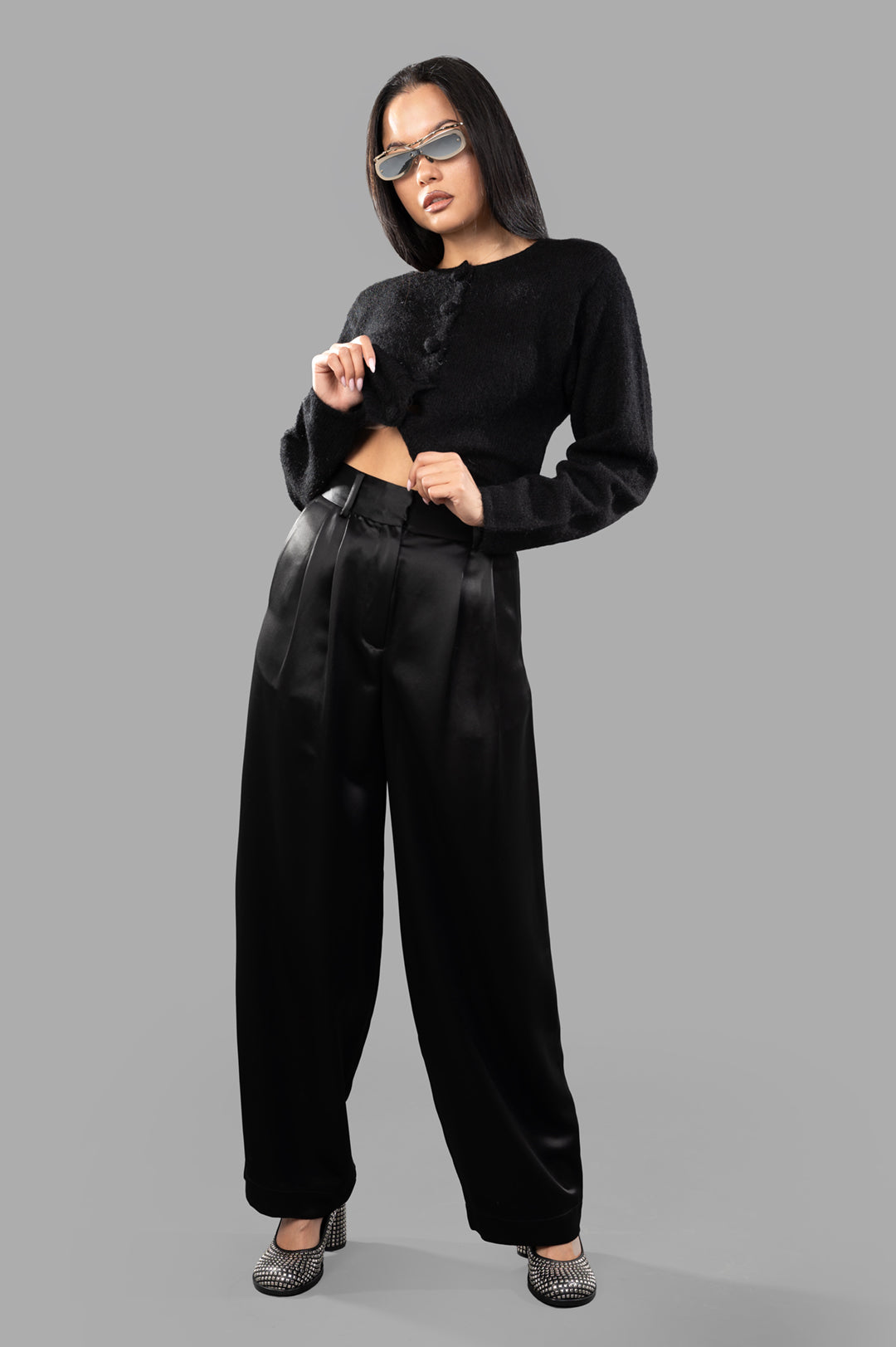 By Malene Birger Zharea Wool-blend Cardigan in black, modeled front view, featuring a chic cropped design.