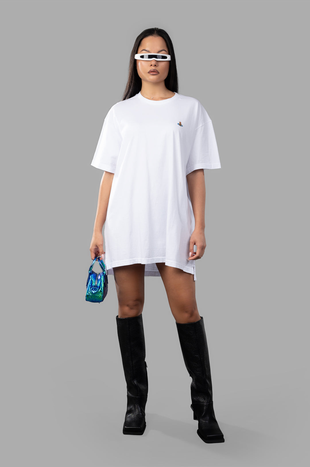 Vivienne Westwood White T-shirt Dress, front view, oversized fit, round neck, 3/4 sleeves, multicolored orb logo on chest.