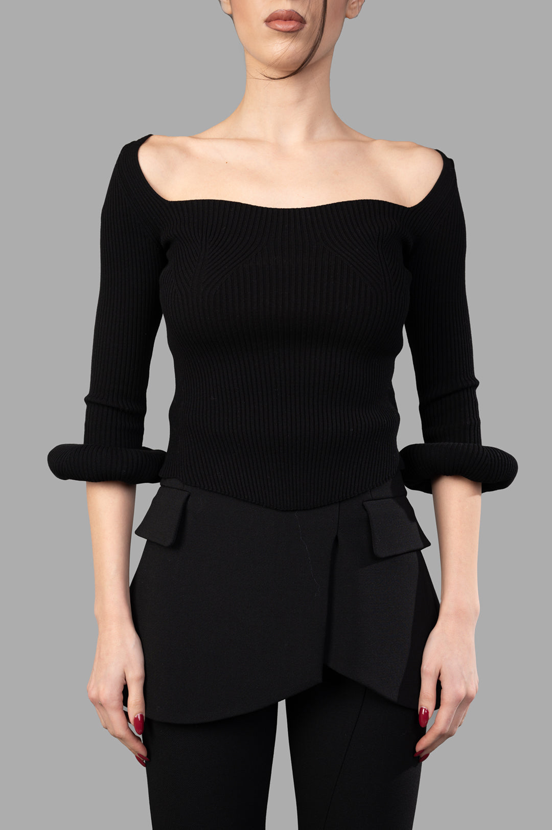 A.W.A.K.E. MODE Knit Top With Donut Sleeves shown from the front featuring ribbed texture and a flattering square neckline.