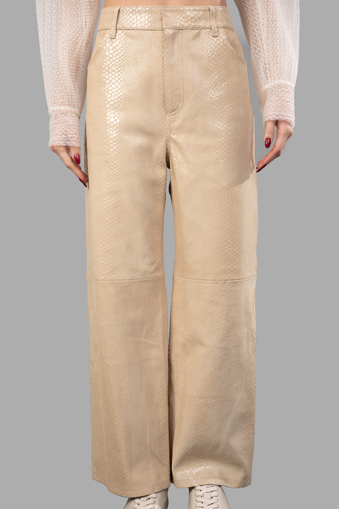 By Malene Birger Cailys Leather Trousers, front view showcasing unique beige snake print design on model.