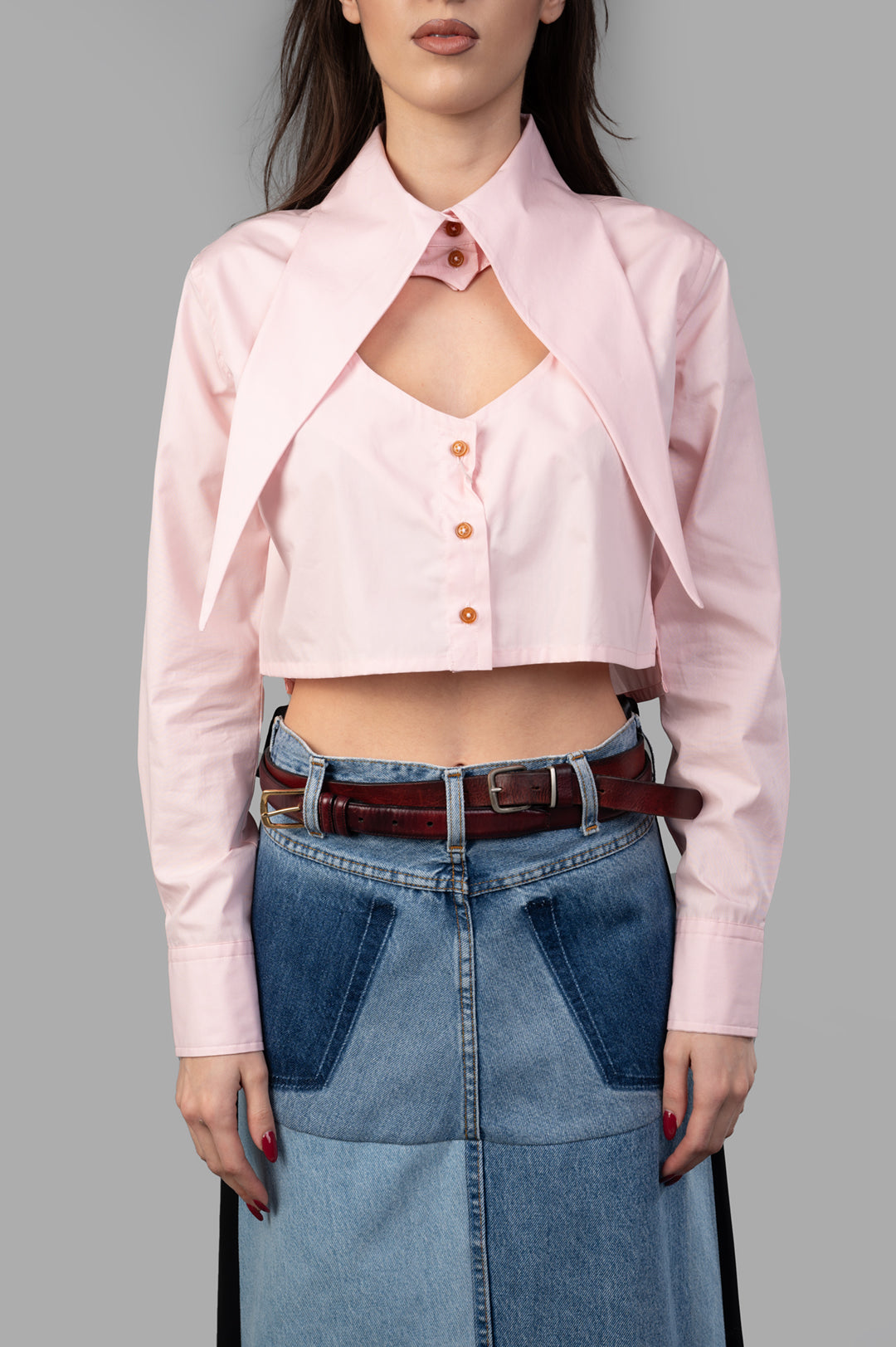 Vivienne Westwood Cut-off Heart Shirt featuring a unique cut-out neckline detail in soft pink, styled with a raised collar.