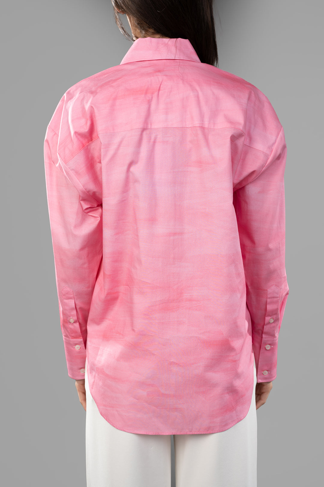 MSGM Fluid Print Shirt showcasing the back in pink satin fabric with a relaxed fit and elegant design.