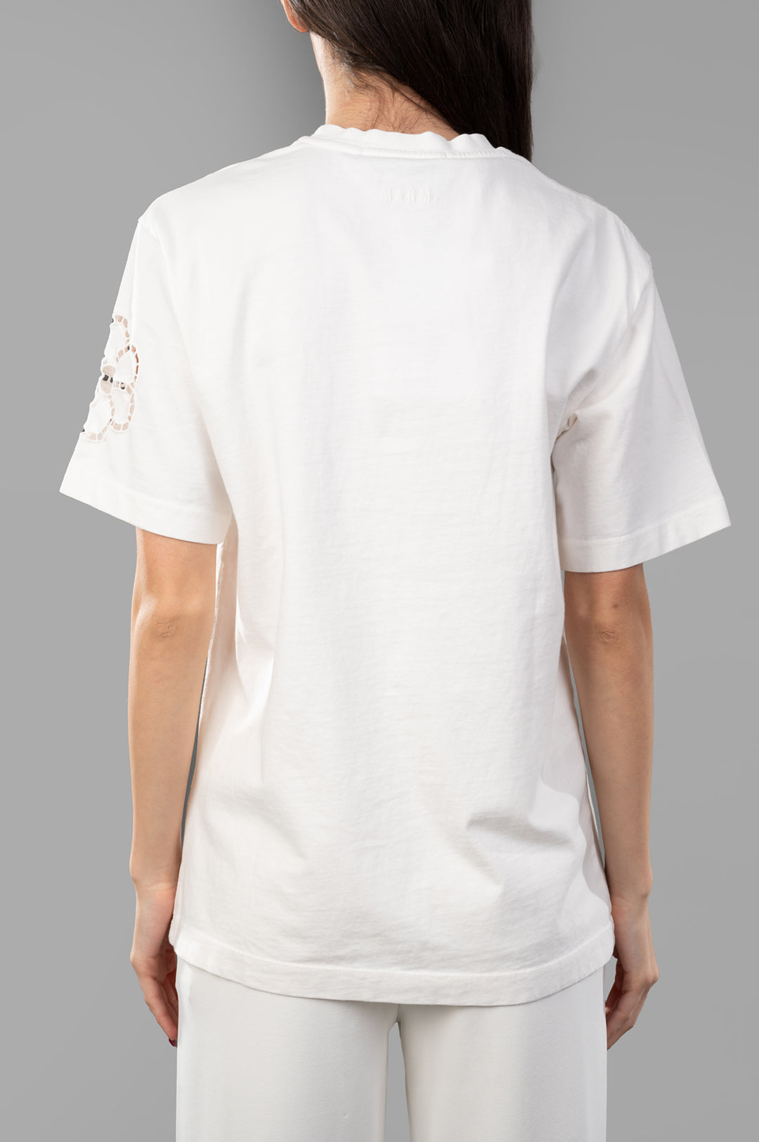 MSGM Floral-Appliqué T-Shirt, showcasing back view with rib-knit collar and embroidered logo detail on white cotton.