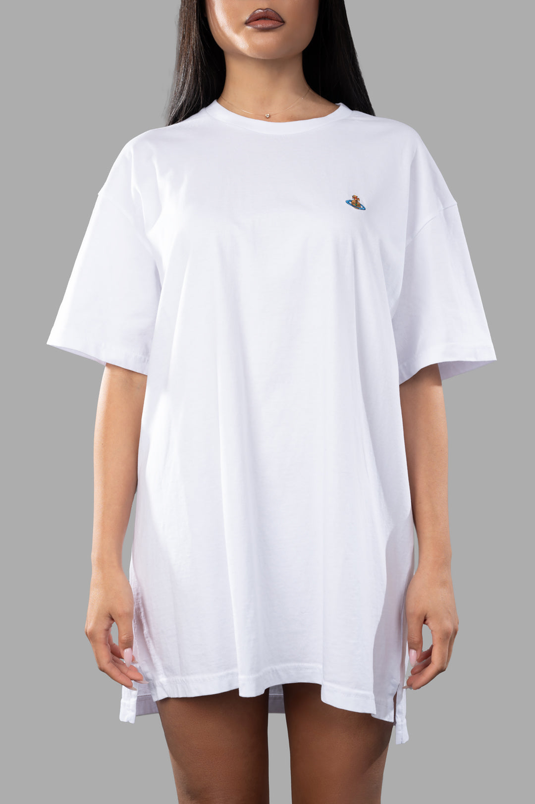 Vivienne Westwood White T-shirt Dress with round neck and 3/4 sleeves, featuring multicolored orb logo on chest, shown on.
