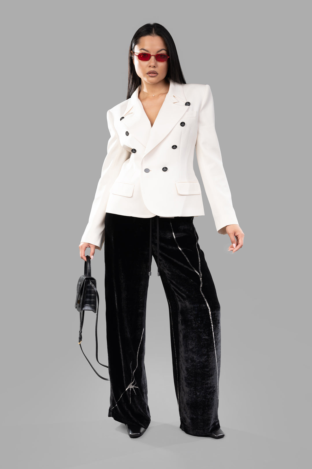 Vivienne Westwood Stewart Jacket in off-white, front view on model, showcasing notch lapel with orb buttons and unique.
