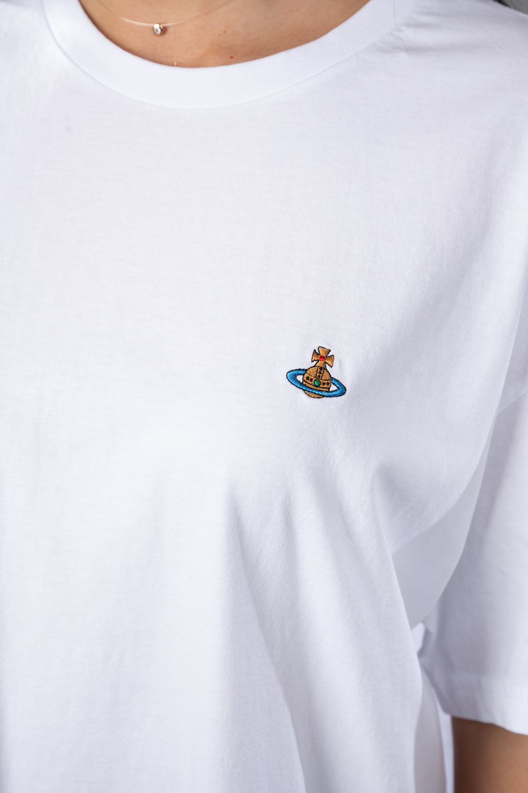Vivienne Westwood White T-shirt Dress featuring a close-up of the multicolored orb logo on soft cotton fabric.