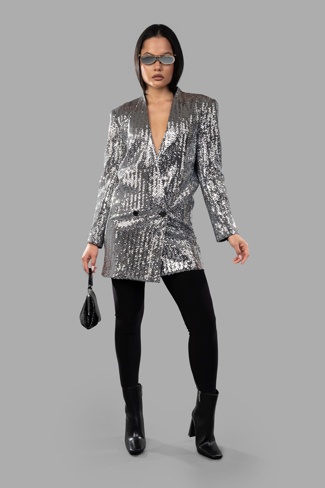 Anine Bing Veneda Mini Dress, silver sequin, oversized fit, on-model, front view showing double-breasted design and shoulder.