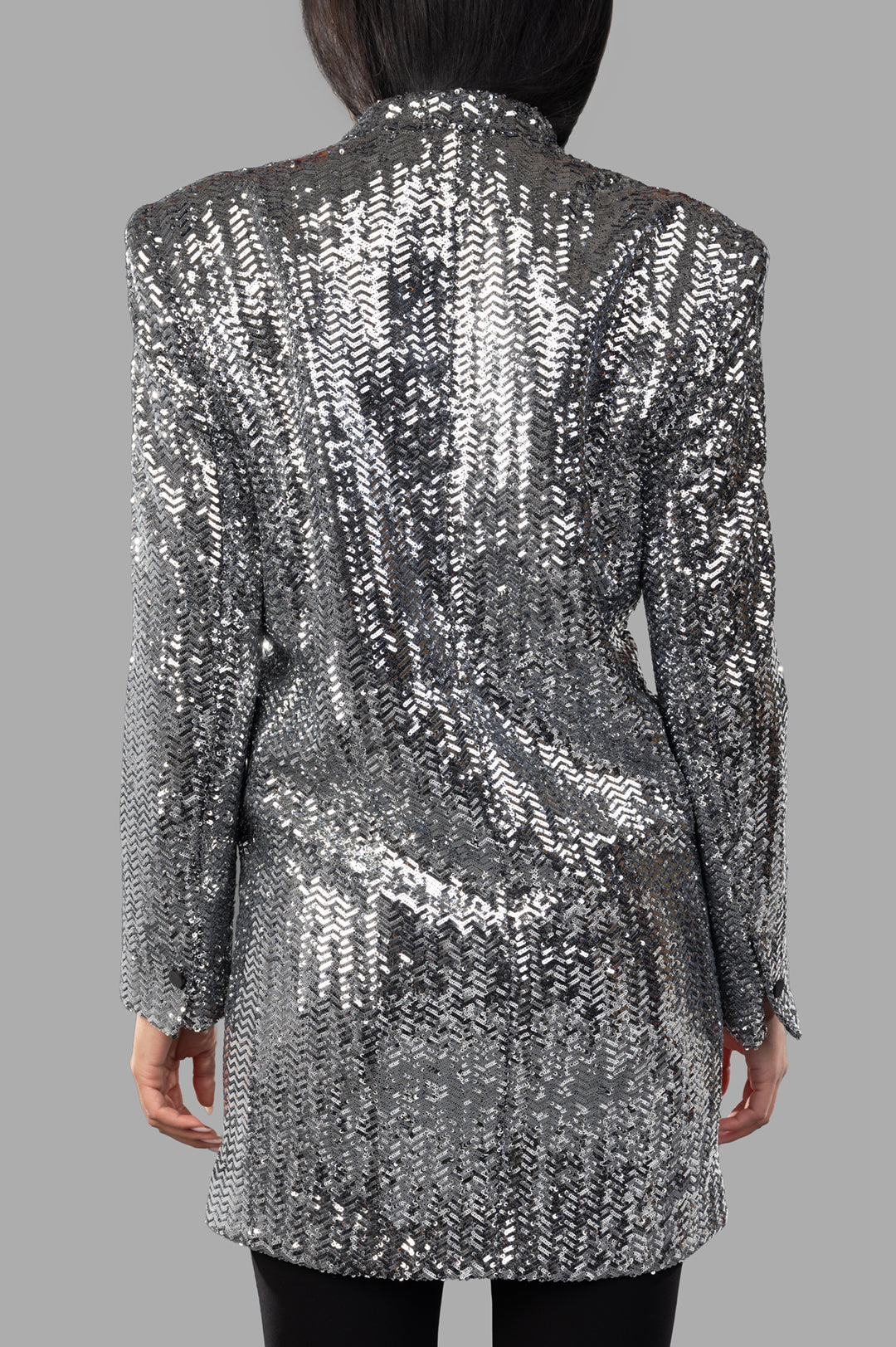 Anine Bing Veneda Mini Dress, back view showcasing shimmering sequins, oversized fit, and elegant shoulder pads.