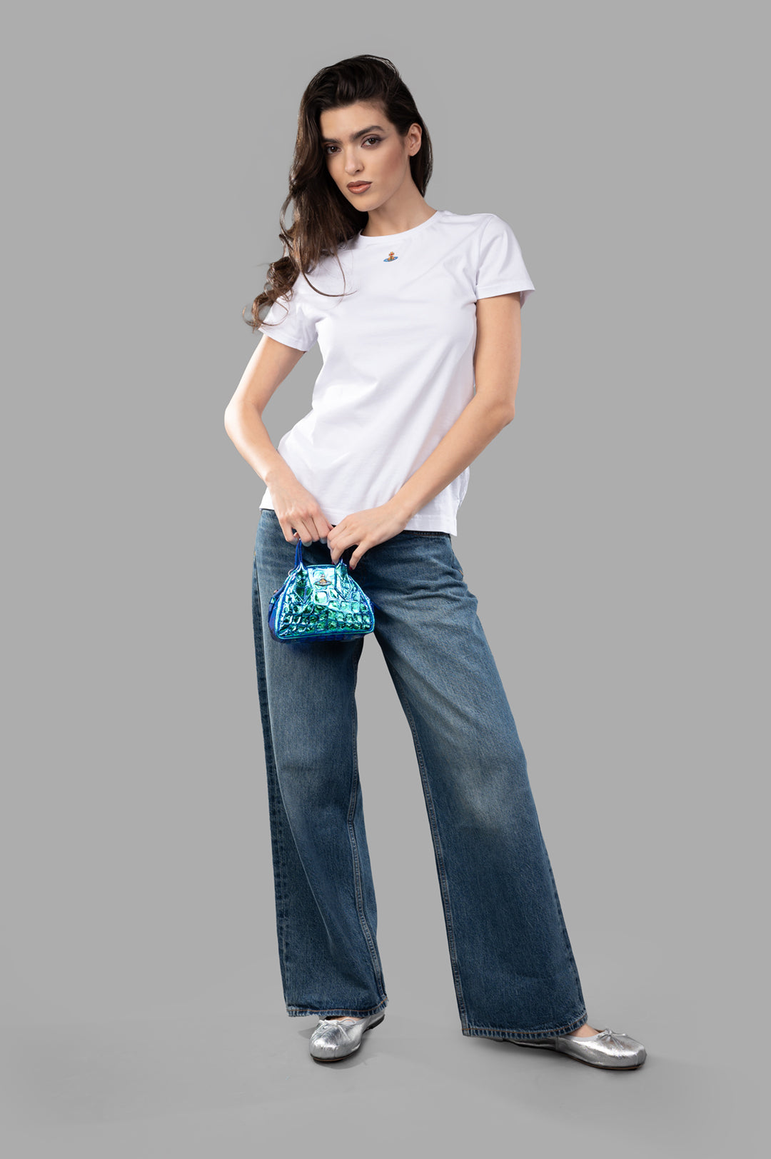 Vivienne Westwood Orb Logo T-shirt in White, front view on model, featuring crewneck style and embroidered logo.