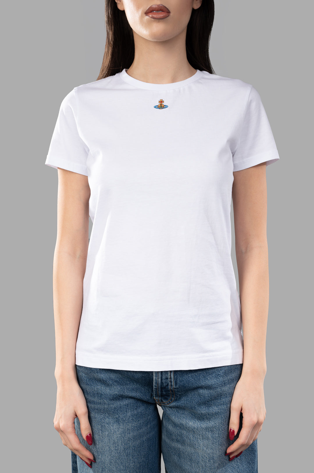 Vivienne Westwood Orb Logo T-shirt in White, featuring a crewneck and embroidered orb logo, displayed on a model.