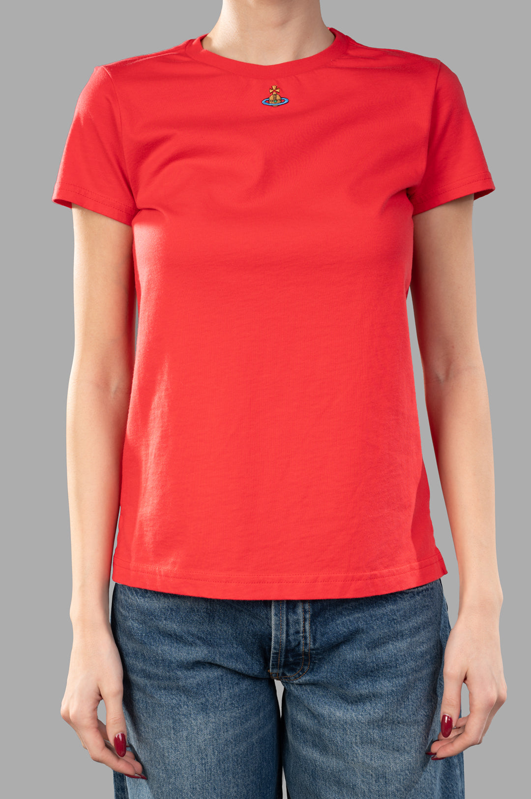 Vivienne Westwood Coral T-shirt showcasing embroidered Orb logo, short sleeves, and a classic crewneck, displayed from a.