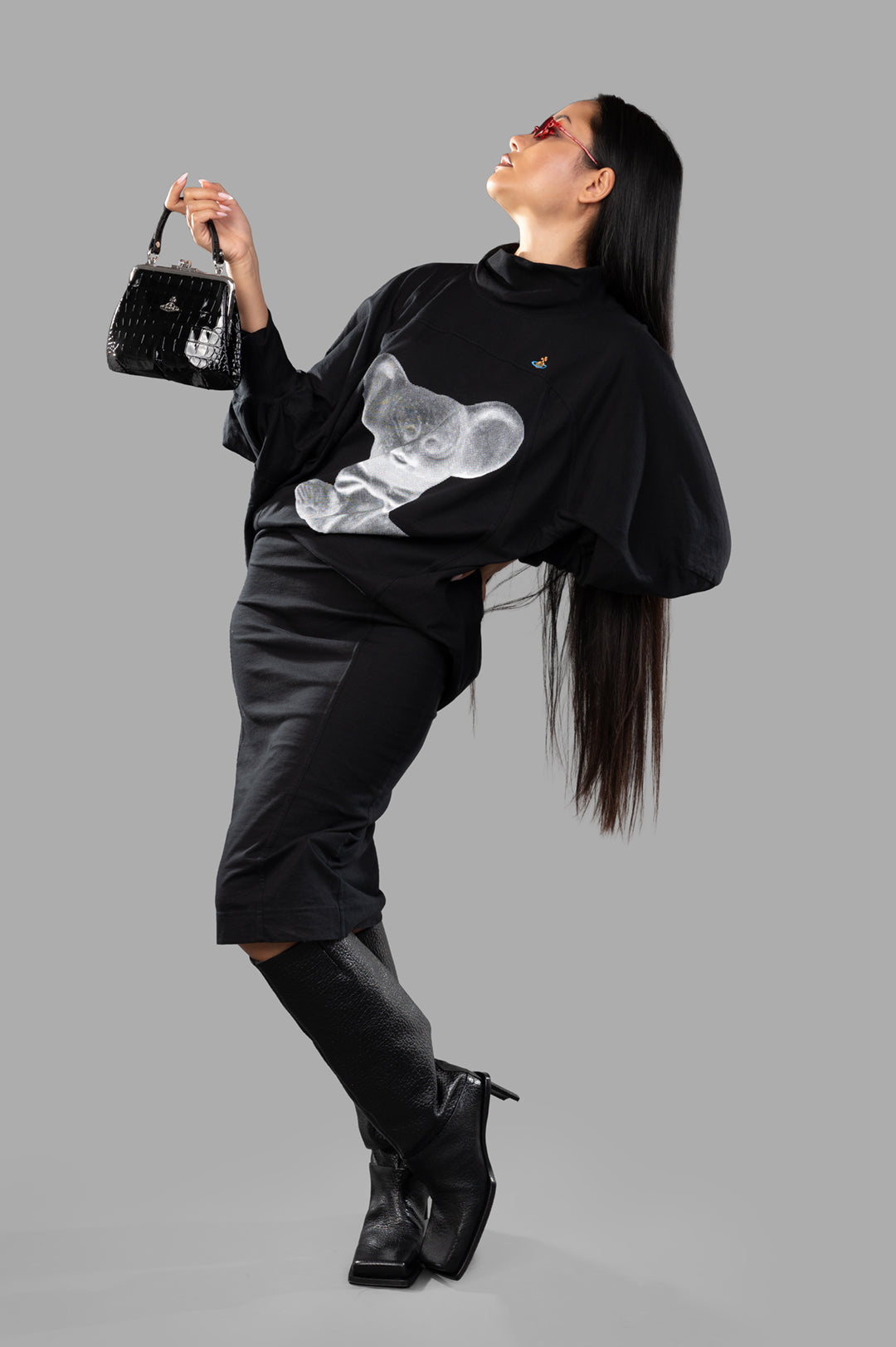 Vivienne Westwood Mouse Maxi Dress on model, black cotton with mouse motif, styled with cowl neck and chic accessories.