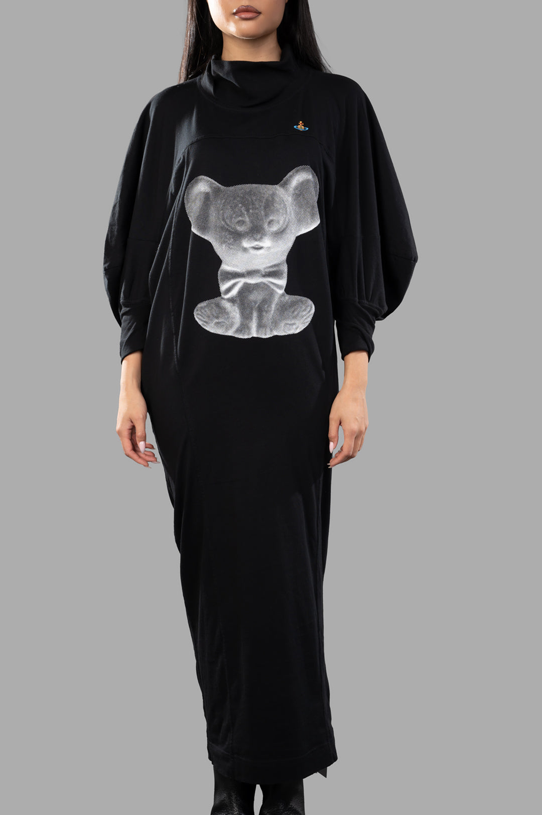 Vivienne Westwood Mouse Maxi Dress in black featuring a vintage-style mouse graphic, relaxed cowl neck, and soft cotton.