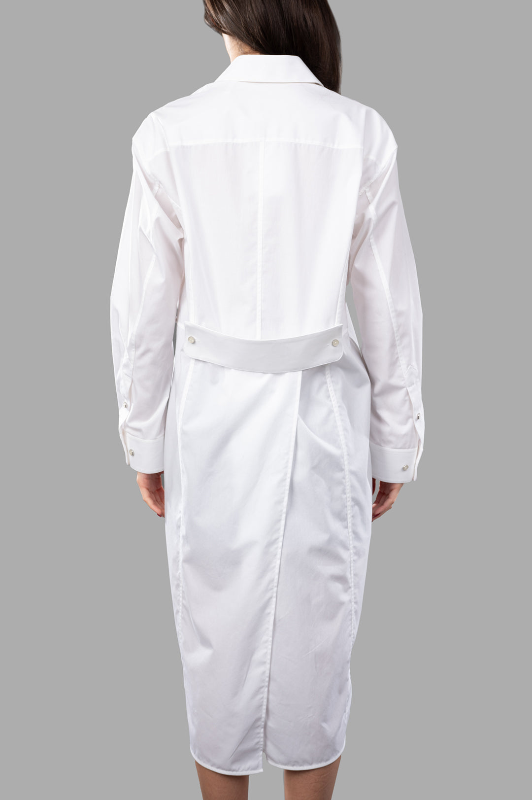 Helmut Lang Apex Tail shirt displayed on model, showcasing the back view with stylish button details.