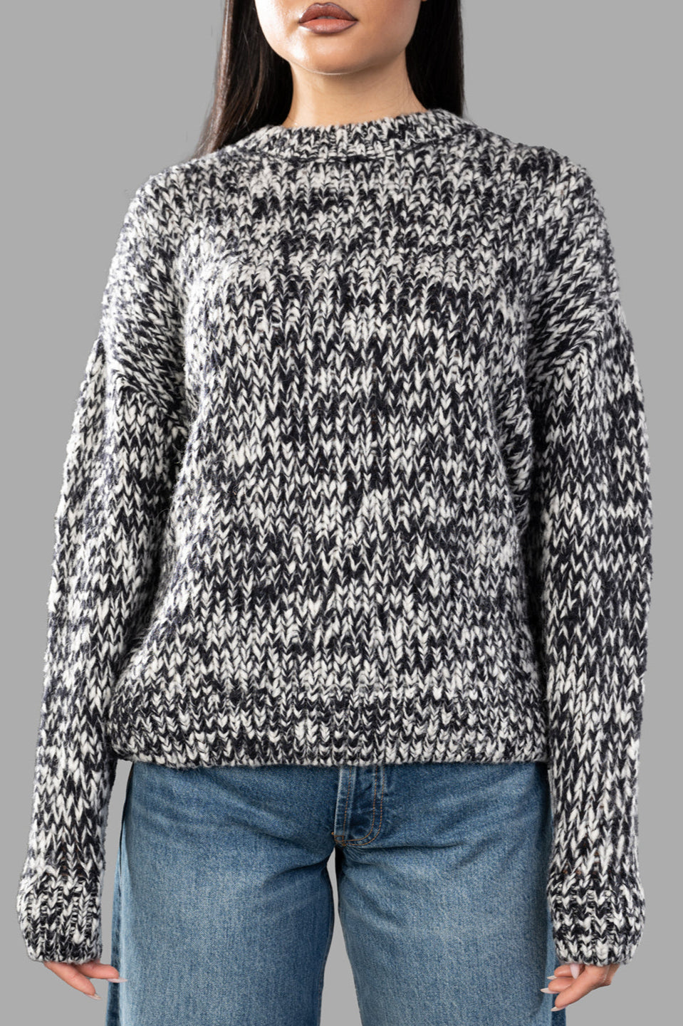 Anine Bing Melange Sweater in black and white, showcasing a cozy knit design with long sleeves and crew neck on model.