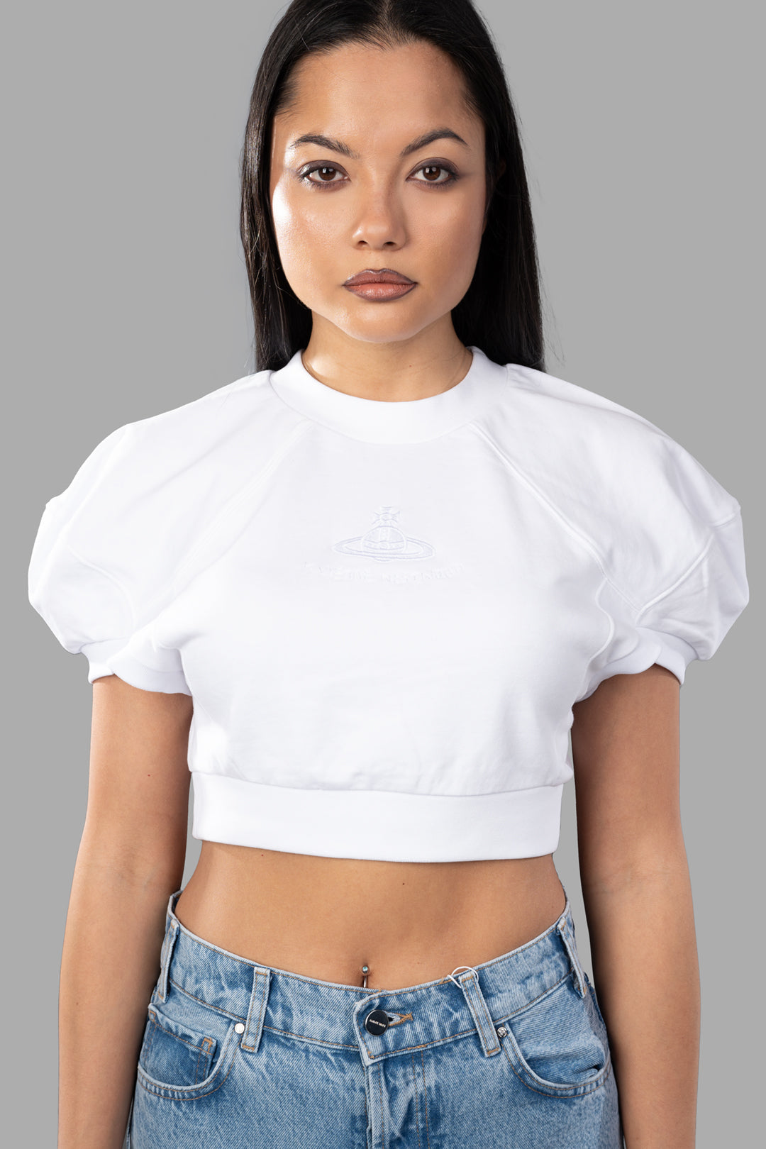 Vivienne Westwood Cropped Football Sweatshirt with voluminous shoulders, ribbed details, and a stylish cropped design.